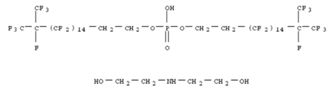 1-Octadecanol, 3,3,4,4,5,5,6,6,7,7,8,8,9,9,10,10,11,11,12,12,13,13,14,14,15,15,16,16,17,18,18,18-dotriacontafluoro-17-(trifluoromethyl)-, hydrogen phosphate, compd. with 2,2'-iminobis[ethanol] (1:1) (